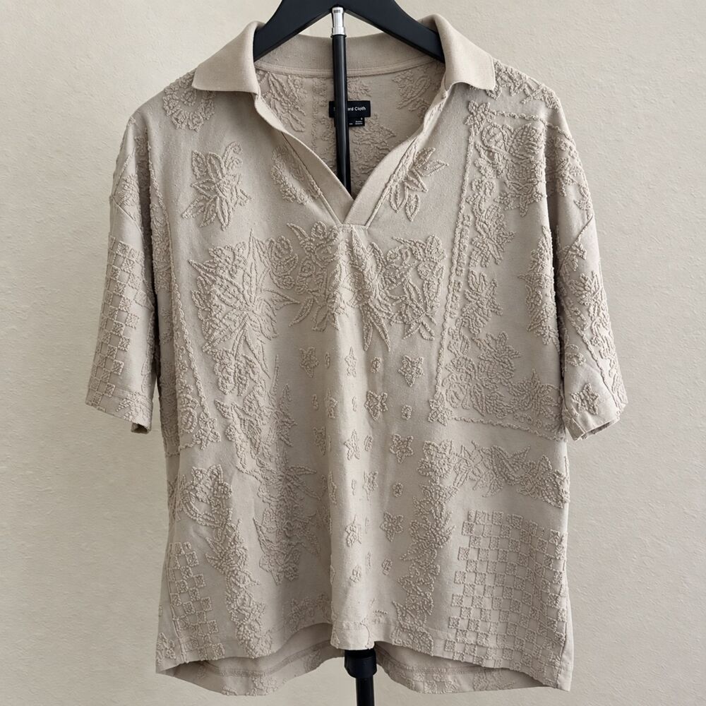 Standard Cloth Men’s Beige Textured Floral Polo Shirt Medium